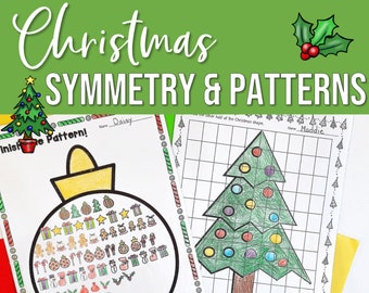 Hojas de trabajo de matemáticas navideñas: práctica de simetría y patrones para segundo y tercer grado