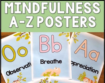 Carteles del alfabeto de atención plena con temática perezosa para promover la resiliencia y el bienestar / Carteles A-Z en el aula / Aula tranquila / Respetuoso