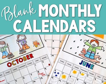Aprenda sobre calendarios - Paquete de plantillas de calendario en blanco mensuales imprimibles - Calendario con líneas negras / Hojas de trabajo de calendario