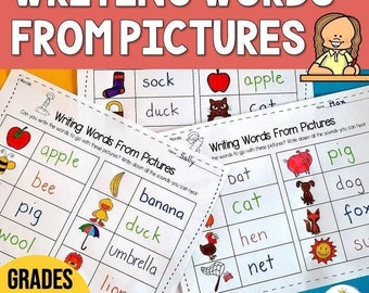 Learn to Write Phonics Worksheets - Writing Words from Pictures No Prep Activity | Name the picture | Using Phonics to Write New Words
