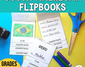 Flipbooks de países de Sudamérica: investigación sobre cada país: bandera del país, mapa, moneda y líder: proyecto de investigación de países