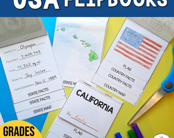 Folletos informativos sobre estados y países de EE. UU.: hojas de trabajo para proyectos de investigación sobre estados, mapas, banderas, población, ciudades principales y estados limítrofes