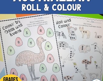 Australiensiska tal till 12 och färger - Matematiska räkneblad för förskoleelever | Slå och färglägg | Tärningar | Nummeruppfattning