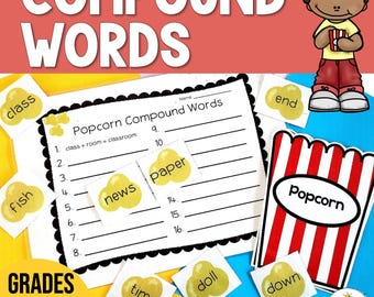 Compound Word Popcorn Themed Pack - Center Activities, Games and Worksheets | Fun Literacy Center Game to Learn Compound Words | 3rd Grade
