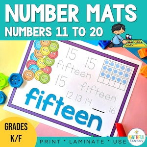 May include: A printable number mat for kids to learn the number fifteen. The mat features a colorful button design, a number grid, and the word "fifteen" written out. The mat is designed for kindergarten and first grade students.