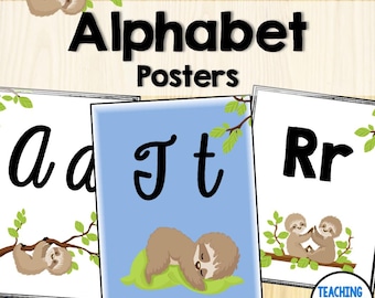 Carteles del alfabeto con temática perezosa / Decoración del aula / Decoración de carteles educativos A-Z / Carteles del aula / Carteles A-Z / Aula tranquila / Cursiva