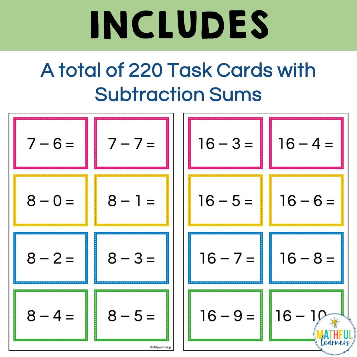 Sums R Activity Subtraction Task Cards - Sums for Games, Activities and Fast Finishers ...
