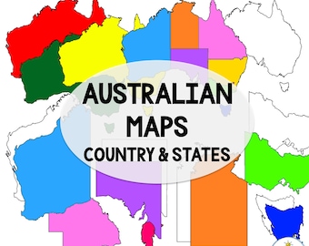 Imágenes prediseñadas de mapas de Australia / Ilustraciones de estados y territorios australianos / Mapas digitales de alta resolución / Material didáctico de geografía