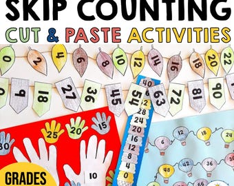 May include: A set of 55 printable skip counting cut and paste activities for kindergarten through third grade. The activities feature colorful leaves, flags, handprints, hot air balloons, and ice cream cones. The activities include skip counting by 2s, 3s, 4s, 5s, 6s, 7s, 8s, 9s, 10s, 11s, and 12s.
