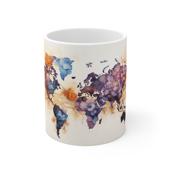 World Map Coffee Cup, World Explorer Coffee Cup, Travel Lover Mug, Flower Map Mug, Botanical World Mug,  Floral World Map Cup, Birthday Gift