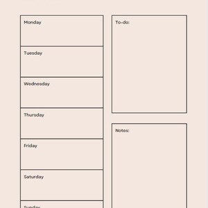 Puede incluir: Un planificador de estudios semanal con un diseño en blanco y negro. El planificador tiene secciones para cada día de la semana, de lunes a domingo, con espacio para tareas y notas.