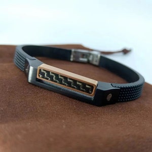 Men&#39;s Stainless Steel & Silicon Bracelet, Rose Gold And Black, Carbon Fiber Jewelry, Carbon Fiber Bracelet, Sports Bracelet, Adjustable