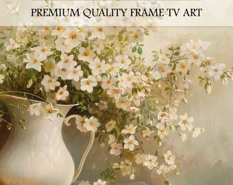 FRAME TV Art Gemälde Vintage antiker Keramikkrug mit Wildblumen Samsung Frame Tv Art Muted Neutral Floral TV Kunstwerk Cottagecore Decor