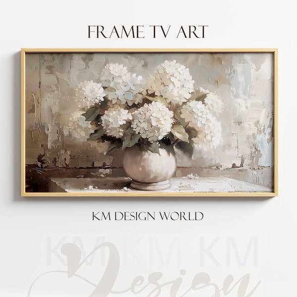 CADRE TV Art peinture à l'huile rustique hortensias blancs dans un vase printemps Samsung cadre TV art rustique floral neutre TV oeuvre d'art déco Cottagecore
