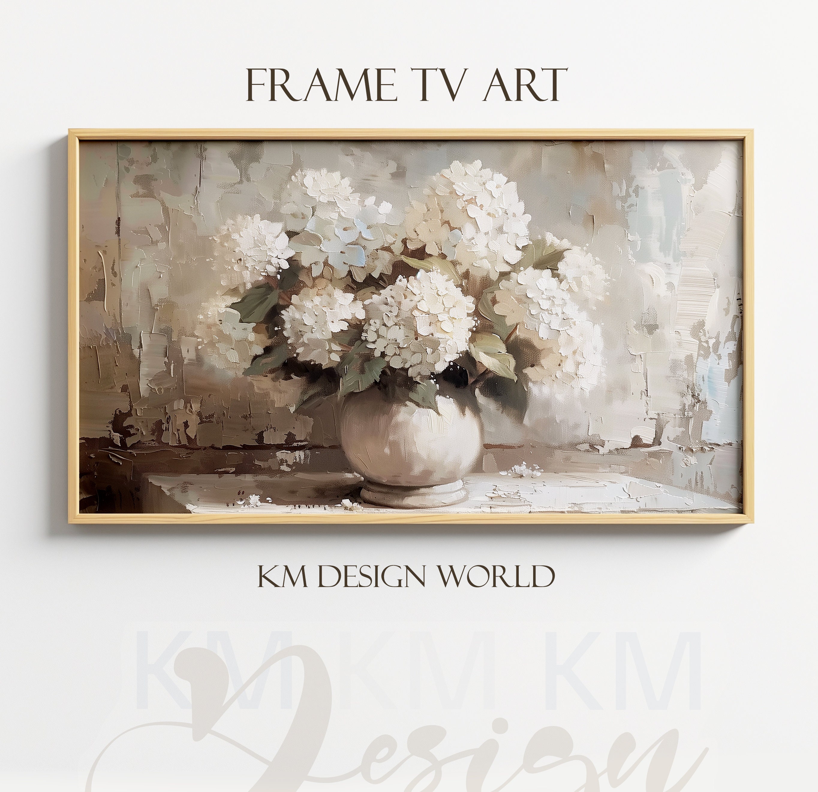 Frame Tv Art Oil Painting Rustic White Hydrangeas In Vase Spring