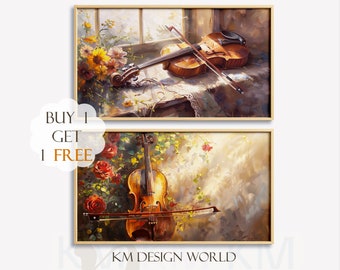 Puede incluir: Dos pinturas enmarcadas de violines con fondos florales. La pintura superior muestra un violín descansando sobre una mesa con un mantel de encaje. La pintura inferior muestra un violín descansando sobre una rama con rosas rojas. El texto "BUY 1 GET 1 FREE" está en la imagen.