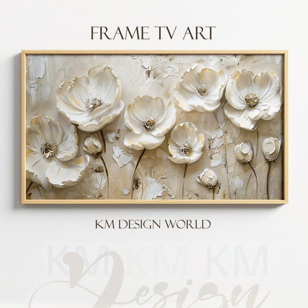 Cadre TV Art 3D en relief texturé ivoire floral peinture à l'huile coquelicots blancs Pop Art été printemps Samsung cadre TV art écran téléchargement numérique