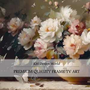 May include: A painting of a bouquet of white and pink flowers in a vase. The flowers are surrounded by butterflies and the text "KM Design World" and "PREMIUM QUALITY FRAME TV ART".