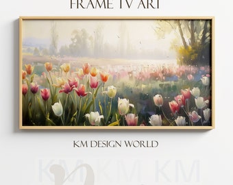 RAHMEN TV Kunst Ölgemälde Rosa Weiß Tulpen Feld Morgen Verträumt Sonnenlicht Frühling Samsung Rahmen Tv Art Vintage Blumen TV Kunstwerk Cottagecore