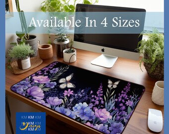 Dark Cottagecore Purple Floral Desk Mat Botanical Gaming Mouse Pad Vintage Butterflies Flowers Mousepad Nature Desk Decor Garden Desk Pad