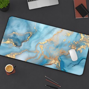 Jade Blue & Gold Abstract Art Marble Effect Desk Mat Unique Pattern ...
