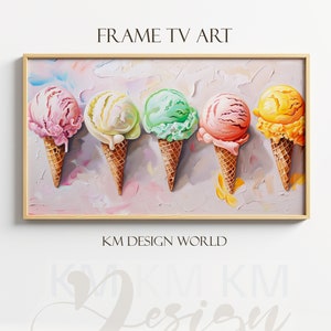 May include: Five ice cream cones arranged in a row on a pink and white background. The cones are filled with different flavours of ice cream: pink, yellow, green, orange, and red. The ice cream is melting and dripping down the cones. The cones are on a white surface with a light pink background. The image is framed in a light wood frame.