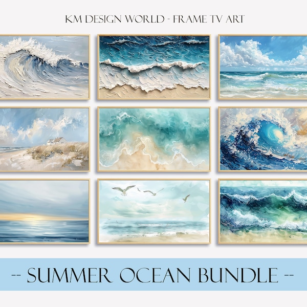 FRAME TV Art Summer Ocean BUNDLE Abstract Ocean Waves Painting Set Modern Seascape Sandy Beach Ocean Coastal Seaside Tv Screen Wallpaper