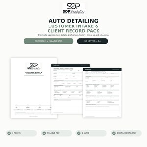 May include: An auto detailing customer intake and client record pack featuring four printable and fillable PDF forms in US Letter and A4 sizes. The documents include a new client intake and contact profile and a vehicle and service preferences profile.