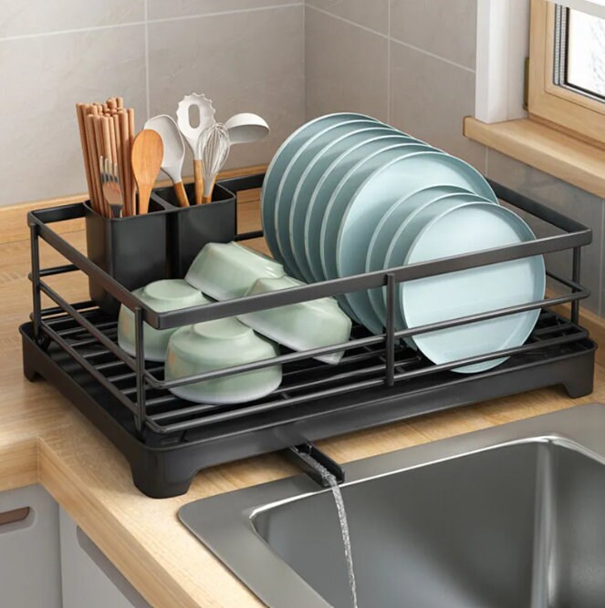  Over The Sink Dish Drying Rack Adjustable (25.6-33.5), 2 Tier  Stainless Steel Large Dish Rack Drainer for Kitchen Counter Organizer  Storage Space Saver with 10 Utility Hooks