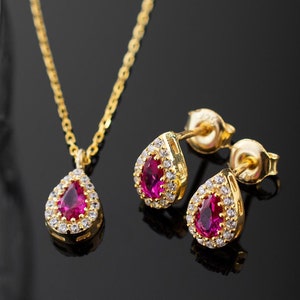Ruby Birthstone Jewelry Set, July Birthstone Teardrop Necklace And Earrings Set, Ruby Stud Earrings, July Birthday Gift For Her