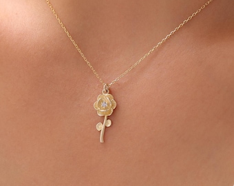 Minimalist June Birthflower Necklace • Alexandrite Birthstone Jewelry • Tiny Rose Charm • Meaningful June Birthday Gift