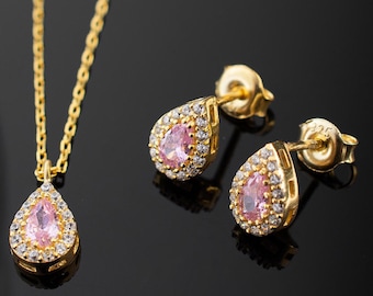 Pink Tourmaline Teardrop Jewelry Set, Sterling Silver Necklace and Stud Earrings