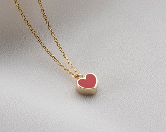 14K Solid Gold Minimal Red Heart Necklace • Real Gold Love Necklace • Solid Gold Tiny Heart Pendant • Gift for Girlfriend • Gift For Love