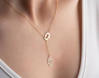 14K Solid Gold Hamsa Lariat & Y Necklace • 14K Real Gold İnfinity Lariat Y Necklace • Star Lariat Y Necklace  • Gift For Women •Gift For Her