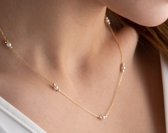 14K Solid Gold Pearl Bead Necklace • 14K Real Gold Freshwater Pearl Necklace •  Layering Necklace • Solid Gold Pearl Necklace • Gift For Her