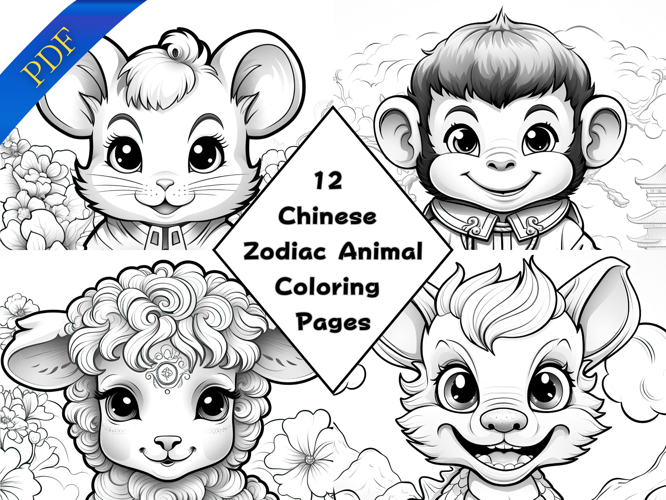 12 Chinese Zodiac Animal Coloring Pages Printable PDF A4 Fun