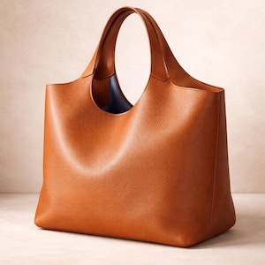 Puede incluir: Un bolso tote grande y abierto en color marrón claro. El bolso tiene una forma estructurada con una abertura ancha y dos asas redondeadas. El interior es azul en contraste. El bolso está hecho de un material texturizado.