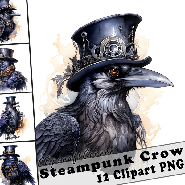 12 Steampunk Crow Clipart PNG Animal Bundle | Watercolor Steampunk Crow Clipart PNG Art | Animal Artwork | 2009