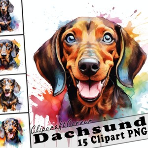 15 Dachshund Clipart PNG Bundle | Watercolor Dog PNG Clipart | 6