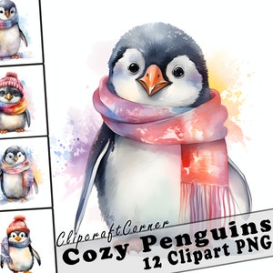 12 pinguins com chapéus e cachecóis de lã Clipart PNG art Bundle | Aquarela Pássaro Clipart PNG arte | 1054
