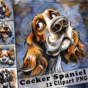 12 Cocker Spaniel Clipart PNG Funny Dog Bundle | Watercolor Dog Caricature Clipart PNG | Animal Clipart Artwork | 142
