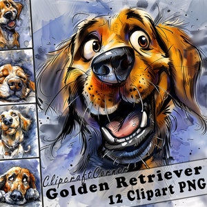 12 Golden Retriever Clipart PNG Funny Dog Bundle | Watercolor Dog Caricature Clipart PNG | Animal Clipart Artwork | 109