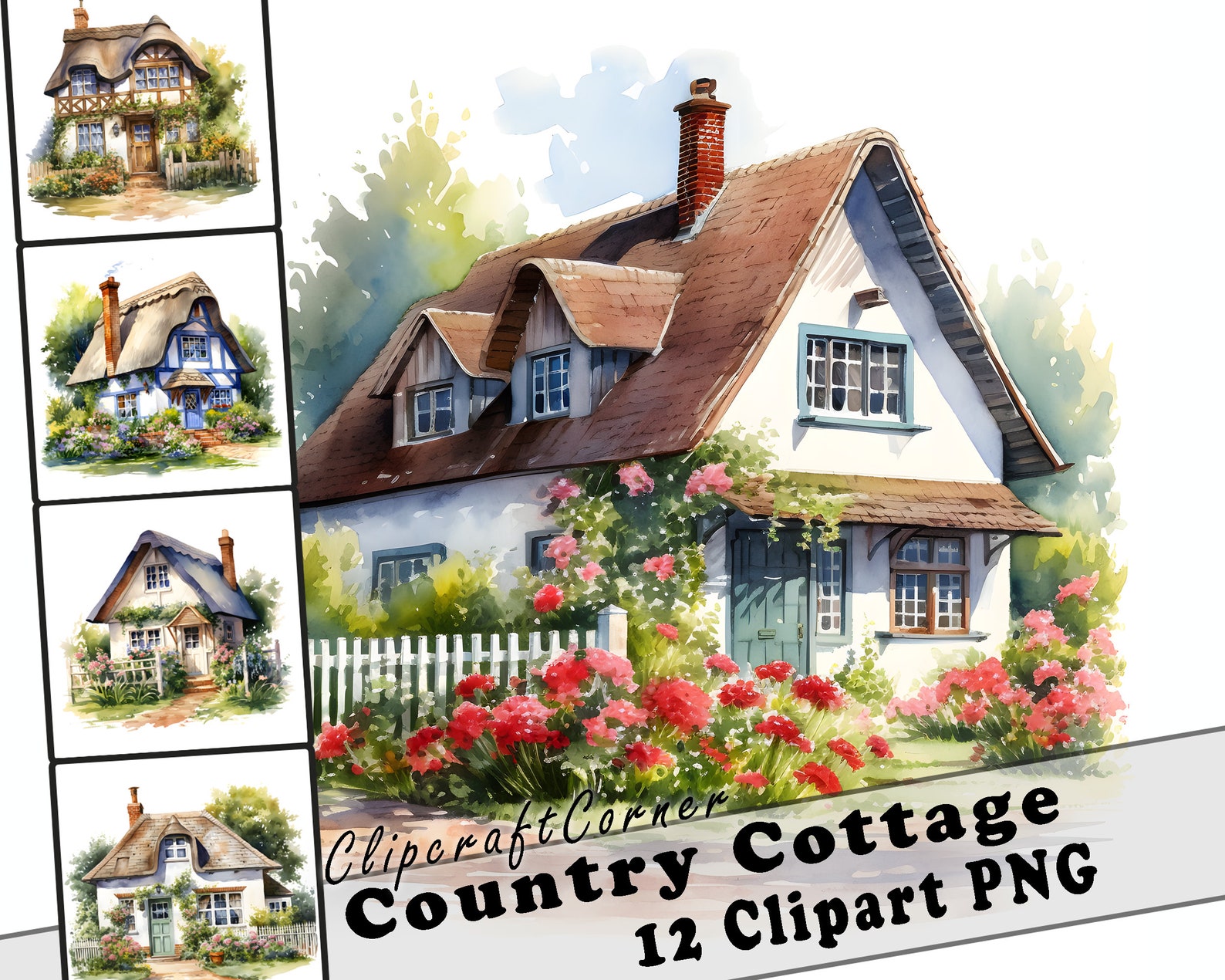 12 Country Cottage Clipart PNG Bundle | Watercolor Farm House Clipart ...