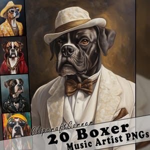 20 Boxer Dog Clipart Images | Boxer Dog Portraits as Music Stars | Boxer Dog PNG Art Bundle | High-Quality Dog Painting | 304