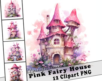 12 Rosa Feenhaus Clipart PNG Bundle | Magisches Aquarell Fantasy Haus Clipart PNG | Mystisch Clipart Artwork | 1529
