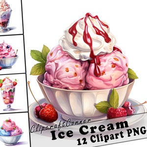 12 Ice Cream Clipart PNG Bundle | Watercolor Dessert Clipart PNG | Food Clipart PNG Artwork | 4501