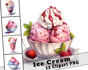 12 Ice Cream Clipart PNG Bundle | Watercolor Dessert Clipart PNG | Food Clipart PNG Artwork | 4501