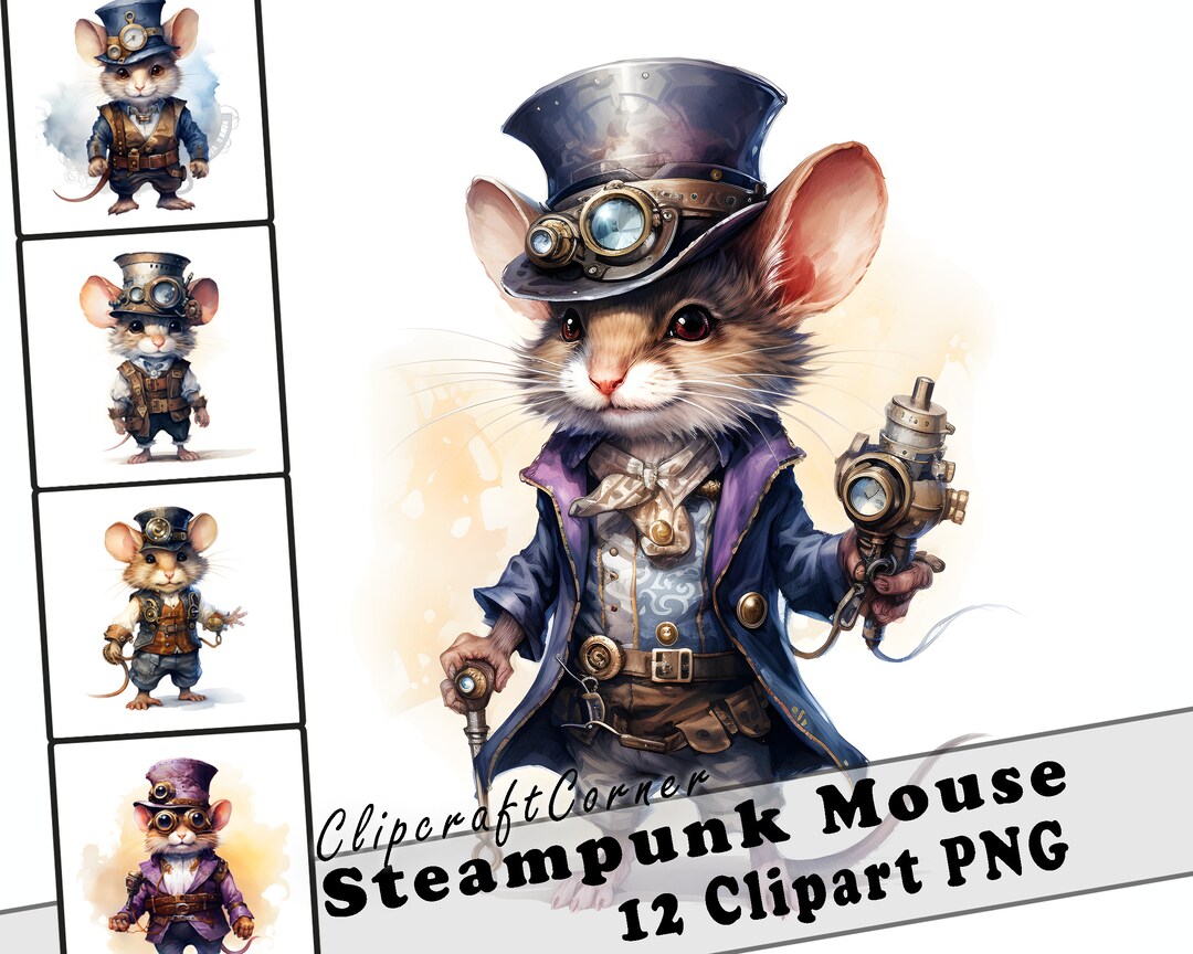 12 Steampunk Mouse Clipart PNG Animal Bundle | Watercolor Steampunk ...