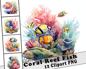 12 Tropical Fish Clipart PNG Bundle | Tropical Coral Watercolor Clipart PNG | Summer Clipart PNG Artwork | 5030