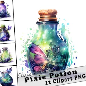 May include: A set of 12 digital clipart images featuring a whimsical glass bottle filled with a swirling galaxy-like potion and a delicate butterfly. The bottle has a wooden stopper and is surrounded by a watercolour-style background.